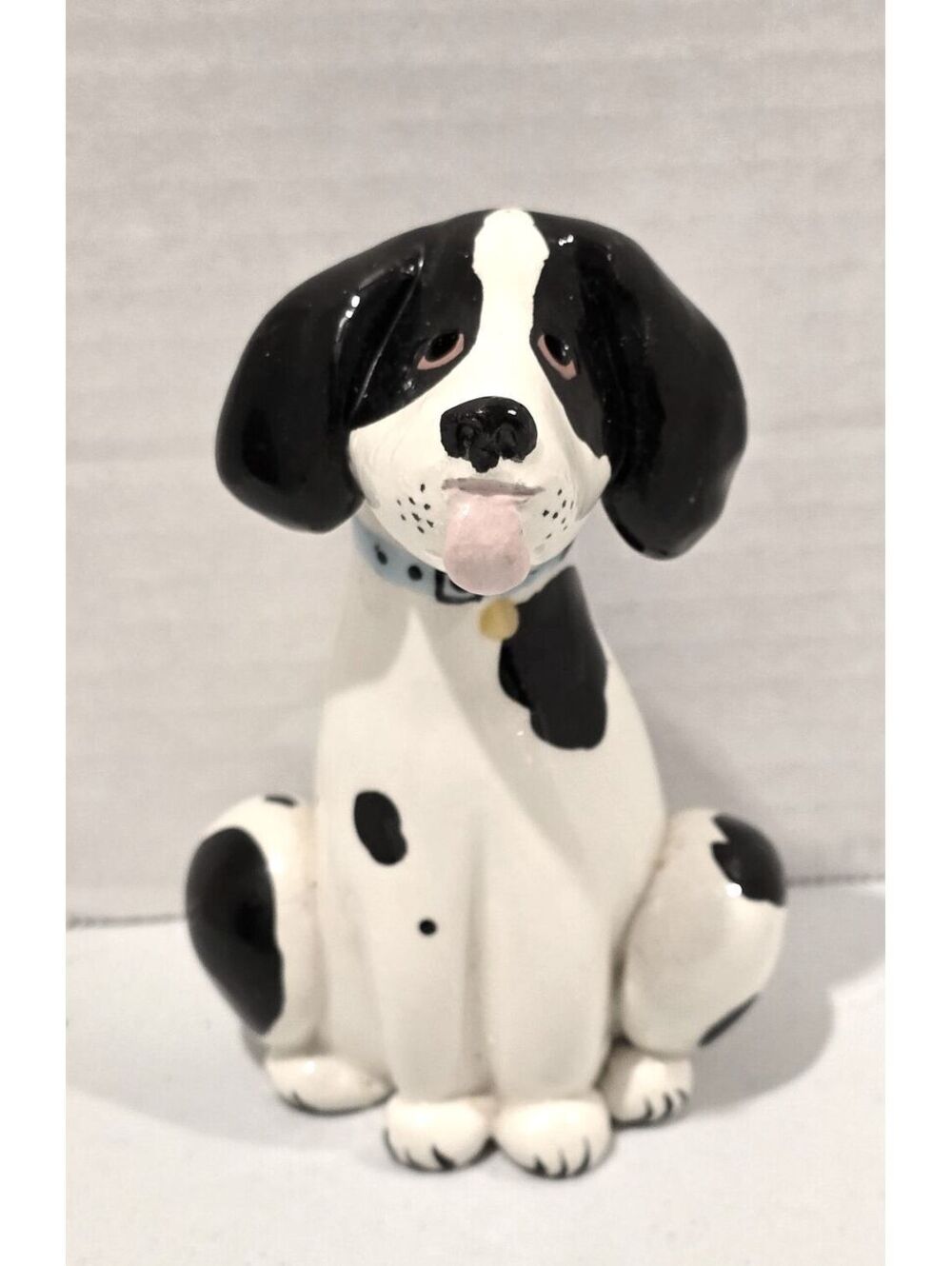Whimsical Black and White Ceramic Dog Figurine with Blue Collar 4.5" Tall
